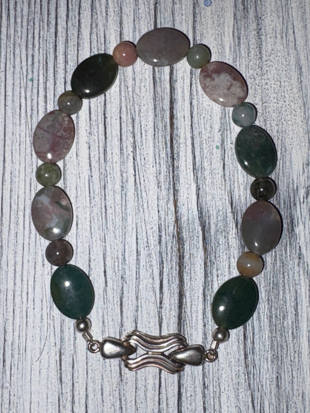Vintage 925 Sterling Silver Moss Agate & Jasper Bead Bracelet Waves Box Clasp